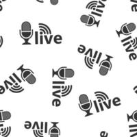 Microphone icon seamless pattern background. Live broadcast vector illustration on white isolated background. Sound record business concept.