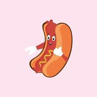 Hot Dog Cartoon mascot character. Food concept. Posters, menus, brochures, web, and icon fast food.  illustration fast food. Funny hot dog, wiener, frankfurter character with eyes, legs. vector