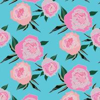 Seamless summer pattern with pink peony flowers on a blue background. Vector illustration