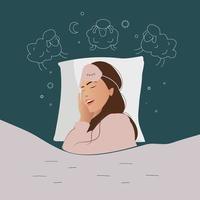 Happy young woman is fast asleep, having a good sleep. The girl lies in bed under a soft blanket and sleeps a healthy sleep. Flat vector illustration.