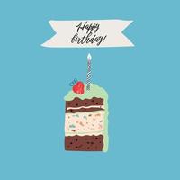 vector cumpleaños saludo tarjeta con pastel, vela, fresa en dibujos animados estilo.