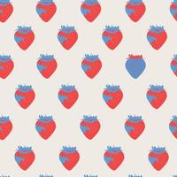 I love strawberries. Seamless pattern for websites and print. Trendy cute red strawberry on a beige background. The concept of love and Valentine's day. Hand drawing for greeting cards, print. vector