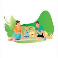 Happy caucasian family on picnic flat color detailed characters. Parents with kid sitting on blanket. Summer recreation isolated cartoon illustration for web graphic design and animation vector