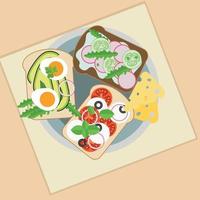 Breakfast food set. Plate with toast, egg, tomatoes, cucumbers, radishes, mozzarella, lettuce, olives, cheese. Morning meal, top view. Vector illustration