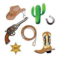 Cowboy western theme, wild west concept. Various objects. Boots.,gun, hat, lasso,cactus, horseshoe. sheriff badge star. Hand drawn colorful vector set. All elements are insolated