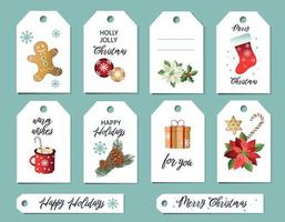 Christmas tags with fir branches, cones, gingerbread man, poinsettia flowers, coffee cup. Vector collection of winter labels.