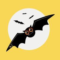 Vector illustration of Halloween night scene. A cute bat flies under the full moon. Banner, poster or card template.