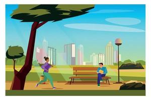 City park with visitors flat color vector illustration. Sustainable neighborhood. People enjoying weather in green space 2D simple cartoon characters with cityscape on background