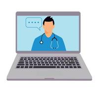 Male doctor with stethoscope on screen of online diagnostics concept. Flat notebook health service. vector