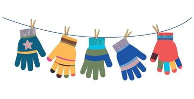 Colorful gloves hang on a clothesline. Vector illustration in a flat style.