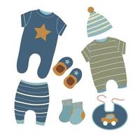 Set of vector illustrations of baby clothes for a boy. Newborn baby outfit flat icons. Little boy dress up cartoon elements. Body, overalls, t-shirts, socks. Collection of children's clothing.