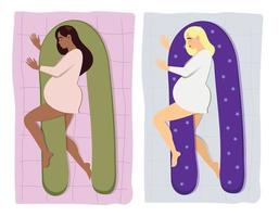 Sleeping with a pillow for pregnant women 2d vector isolated illustration set