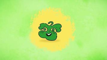 2d Animation of Bouncing Shamrock Character against Yellow Spinning Texture and Green Grunge Background video