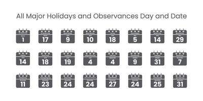 All major holidays date and day calendar icons vector