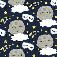 A pattern with a cute moon and a headband for sleeping, stars, clouds on blue. Children's illustration. Printing on paper and textiles. Gift wrapping, background for postcards, banner, fabric. vector