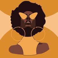 A modern African woman in retro yellow glasses and jewelry. A curly-haired African-American woman looks at you with glasses on a yellow background. Vector illustration of a strong woman. Bright