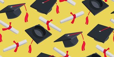 A pattern of graduation hats and diplomas for graduating from high school or college. Class 2023 in black and red colors. Congratulations to the graduates of 2023 background postcard. Packaging vector