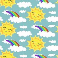 A pattern with a cute sun and a rainbow in the clouds. Children's illustration. Printing on paper and textiles. Gift wrapping, background for postcards, banner, fabric. vector