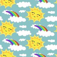 A pattern with a cute sun and a rainbow in the clouds. Children's illustration. Printing on paper and textiles. Gift wrapping, background for postcards, banner, fabric. vector