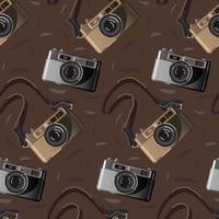 A pattern with a retro camera on a brown background. Brown and gray camera in the replay. Background for printing on textiles and paper. A repeating drawing in a retro theme with a photo camera vector