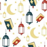 Pattern of Arabic ornament lantern, moon, stars, book. Design elements of the Ramadan Karim greeting template. Lantern, moon, stars, outline of the night city of mosques Printing on textiles and paper vector