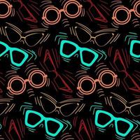 A pattern of vector colorful glasses on a dark background. Seamless background with decor. Modern, stylish, fashionable glasses with decor. Printing on textiles and paper.