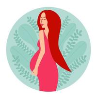 vector mujer embarazada. la mujer sostiene su vientre. ilustración de stock vectorial. logotipo plano de embarazo. fondo de hojas diferentes.