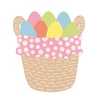 Easter basket with eggs and dotted napkin. Hand drawn Easter greeting card. Wicker basket with coloured eggs and napkin. vector