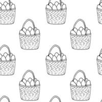 Easter basket seamless pattern. Happy Easter. Hand drawn vector picnic basket with eggs. Doodle style pattern. Design for holiday decor, textile, home decoration, wallpaper.