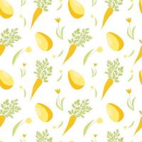 Easter seamless pattern. Easter elements on white background. Orange carrot, eggs, tulips. Vector stock illustration. Wrapping paper, invitations, home decor, textile.