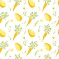 Easter seamless pattern. Easter elements on white background. Orange carrot, eggs, tulips. Vector stock illustration. Wrapping paper, invitations, home decor, textile.