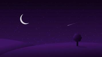night landscape cartoon scene. dark hill with crescent moon and meteor in starry sky vector