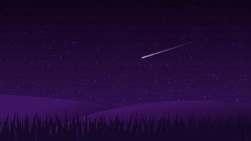 night landscape cartoon scene. dark hill with meteor in starry sky vector