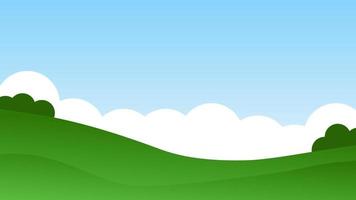 landscape cartoon scene. green field with bush on hill and summer clear blue sky with white cloud vector