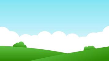 landscape cartoon scene. green field with bush on hill and summer clear blue sky with white cloud vector