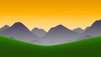 paisaje dibujos animados escena antecedentes. verde prado con montaña como capa y puesta de sol cielo vector