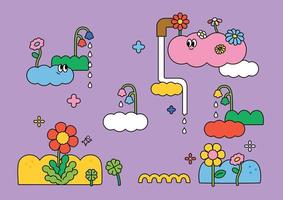 Abstract cartoon illustration with cute clouds and flowers raining. outline simple vector illustration.