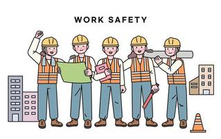 la seguridad de construcción sitios y trabajadores caracteres vistiendo la seguridad cascos son en pie sonriente. vector