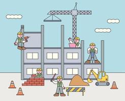 Cute characters are building. They are laying bricks and using a drill. A worker is holding a light stick and controlling it. vector