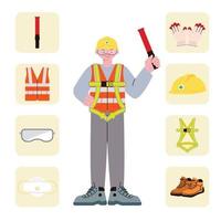 A construction worker character holding a light stick and a collection of safety equipment. vector