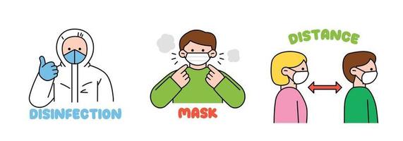 A manual to protect against viruses. A person wearing a protective clothing. A person wearing a mask. Keep your distance from the person in front of you. vector