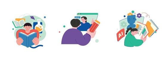 Illustration of education concept. Images of education are decorated around the students. Reading books and acquiring knowledge through the Internet. vector