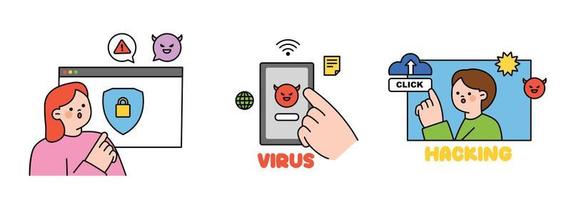 Security system to protect online virus computer and mobile. People are pressing the security icon on the screen. vector