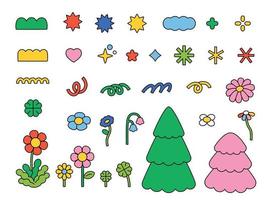 Cute decoration elements. Trees, flowers and shapes. outline simple vector illustration.