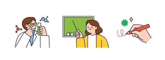 Education concept illustration. a person who does research. Teacher in front of the blackboard. hand writing. vector