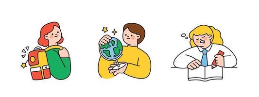 Illustration to education. Students are carrying backpacks, holding globes, and taking notes while dozing off. vector