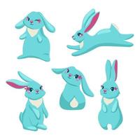 conjunto de blanco conejos en diferente actitud y expresión. contento Pascua de Resurrección día, dibujos animados personaje diseño. vector ilustración aislado en azul antecedentes.