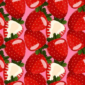 rojo fresa en rosado antecedentes. sin costura modelo. textura para tela, envase, fondo de pantalla. decorativo impresión. vector