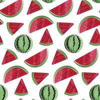 Watermelon vector Seamless pattern. Watermelon, whole, sliced, halves, slices, quarters, seeds, inflorescence and leaves for fabric, tablecloth, kitchen textiles, for clothing, wrapping paper.