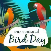International bird day card and poster. Vector illustration. Parrots sitting on branches with tropical leaves.